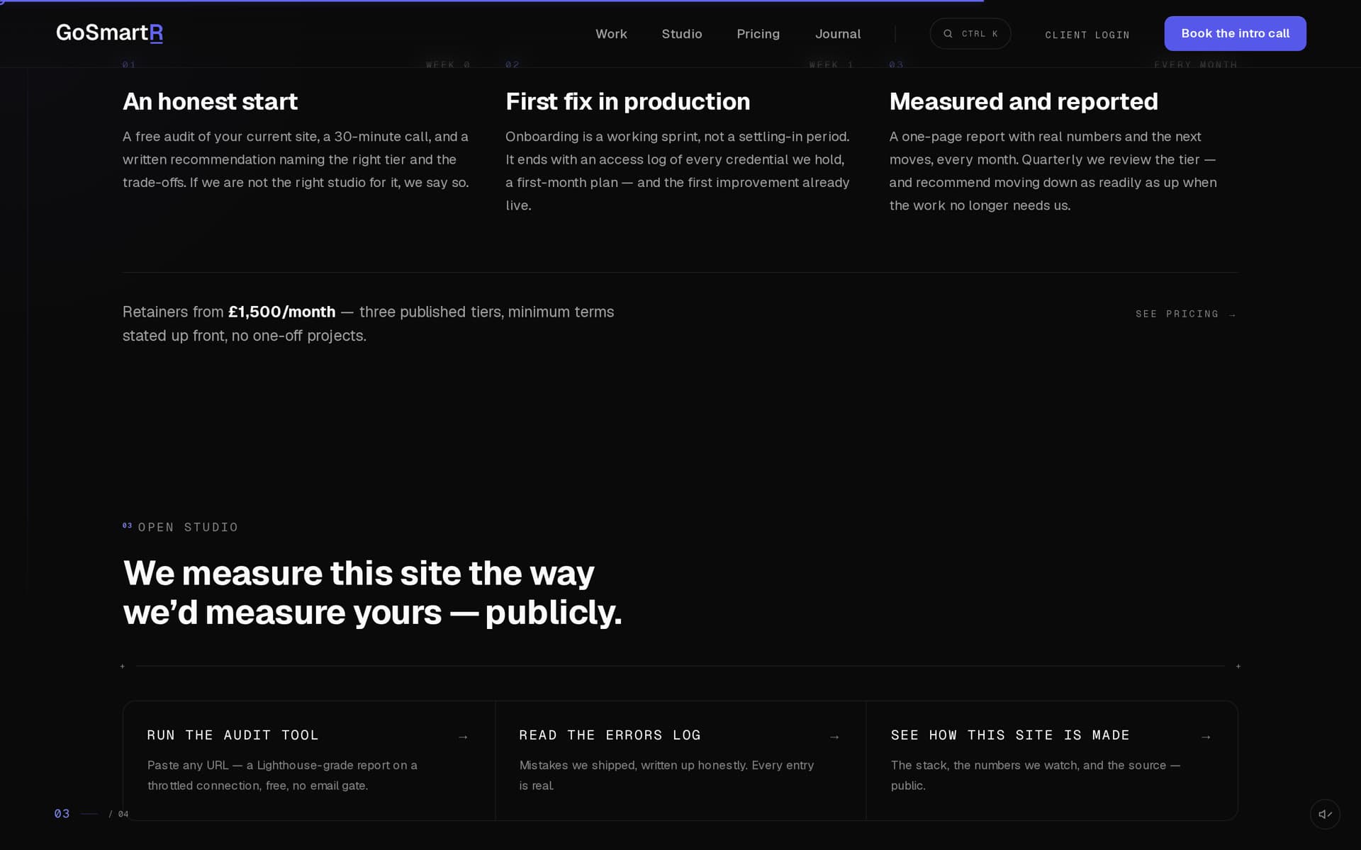 GoSmartR open-studio section: run the audit tool, read the errors log, see how this site is made